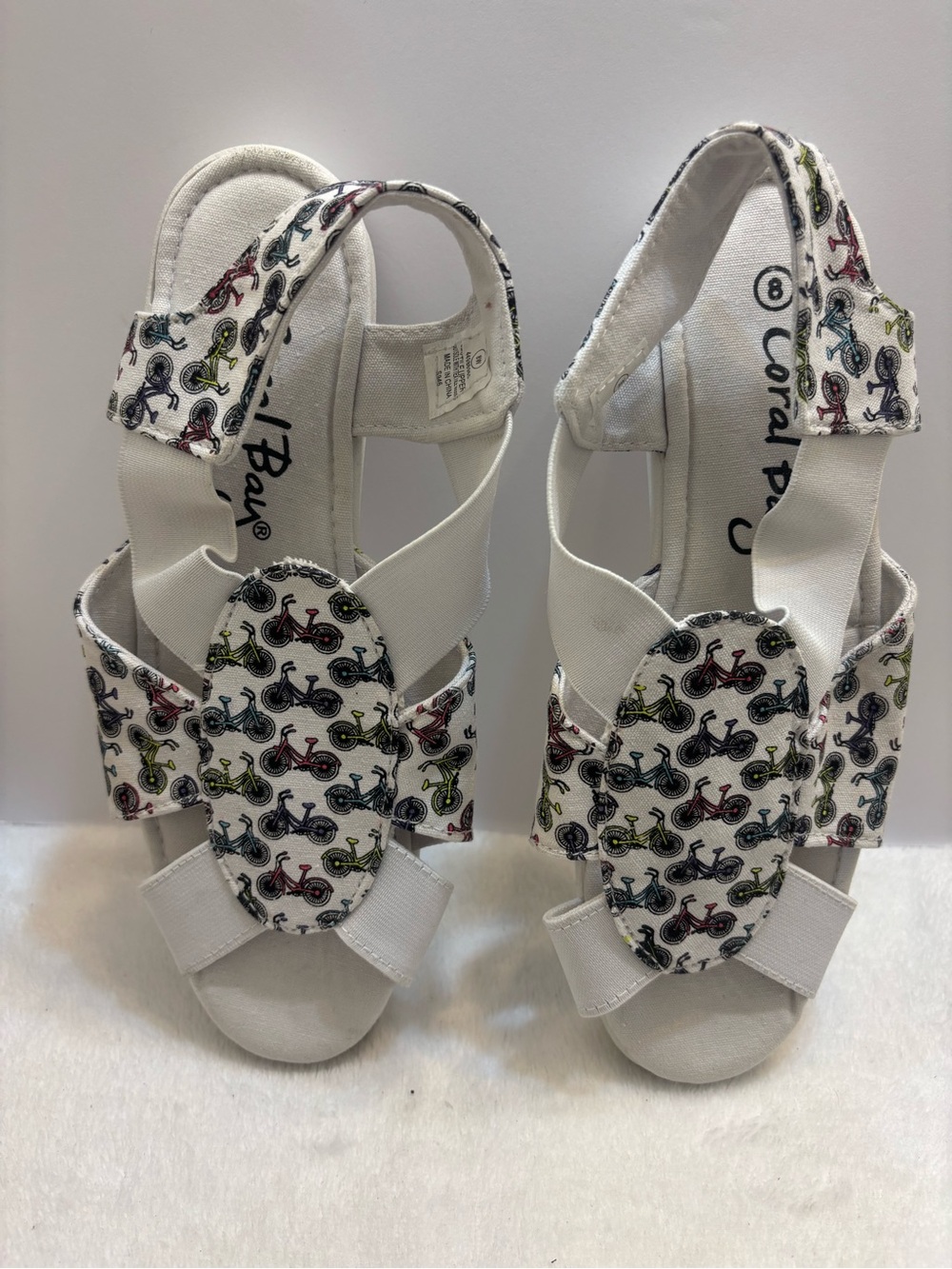 Coral Bay White Sandals with Multicolor Bicycle Print Size 8